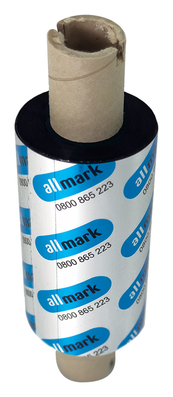Allmark Black 57mm x 74m Wax Resin Face Out Flat Head, Core has notches