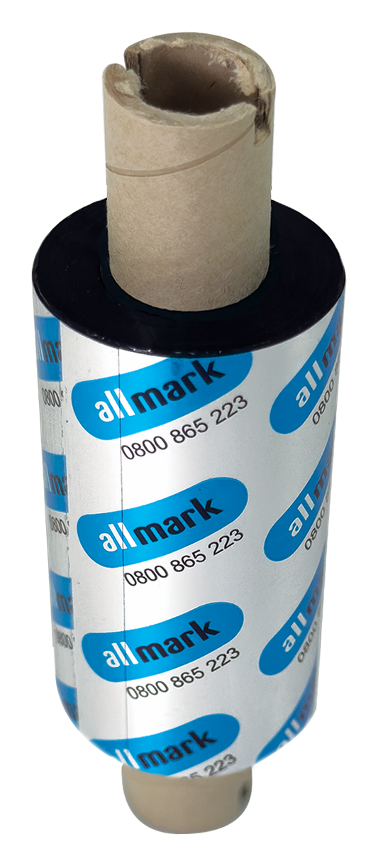 Allmark Black 57mm x 74m Wax Resin Face Out Flat Head, Core has notches